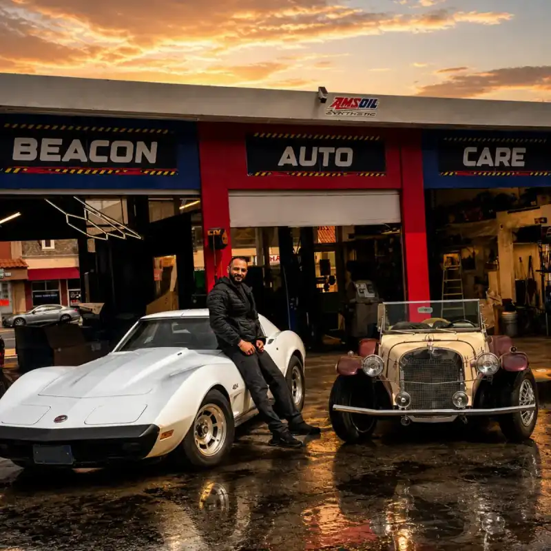 Moe, owner of Beacon Auto Care, at the shop's storefront on S El Camino Real in San Mateo