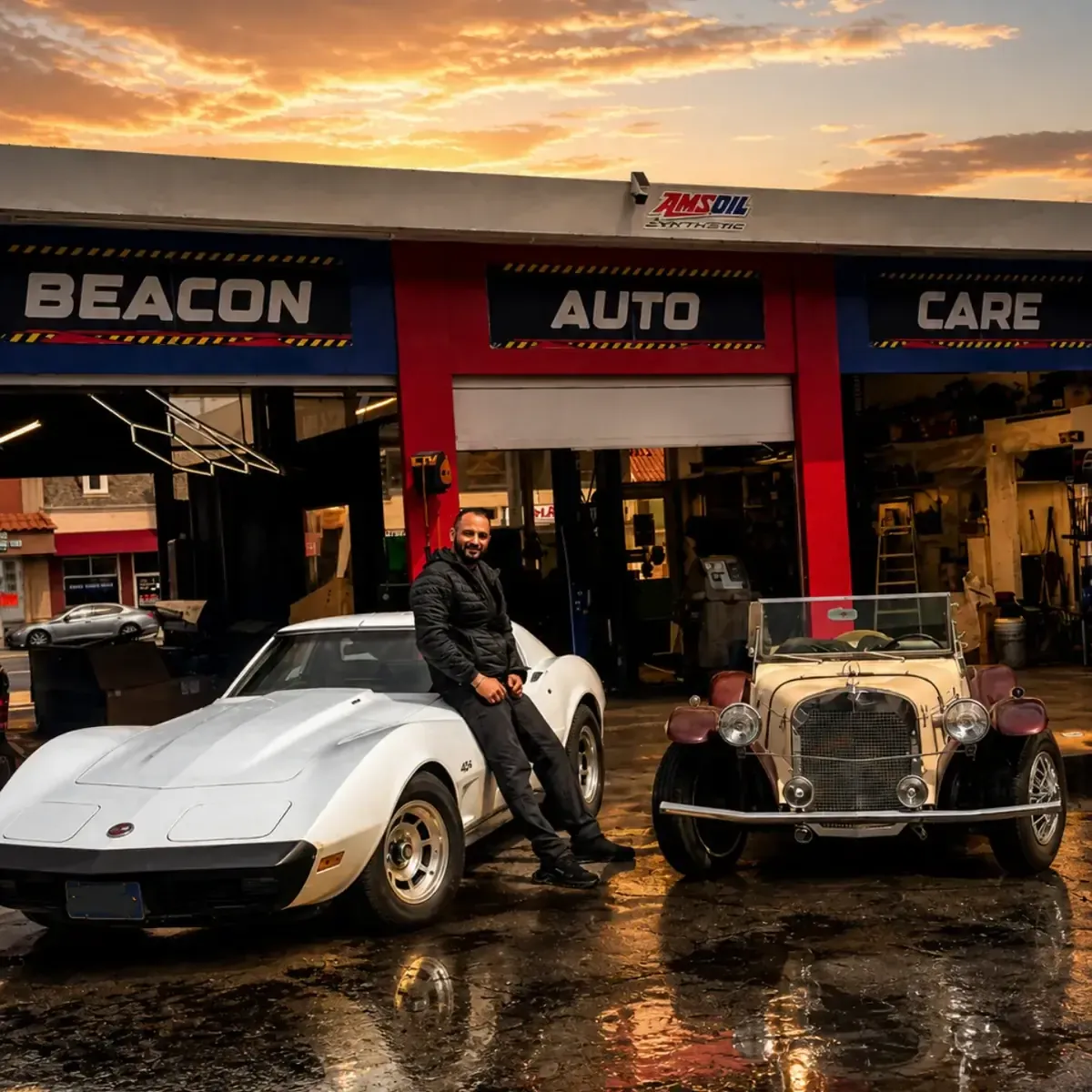 Moe, owner of Beacon Auto Care, in front of the shop at 2300 S El Camino Real in San Mateo at sunset