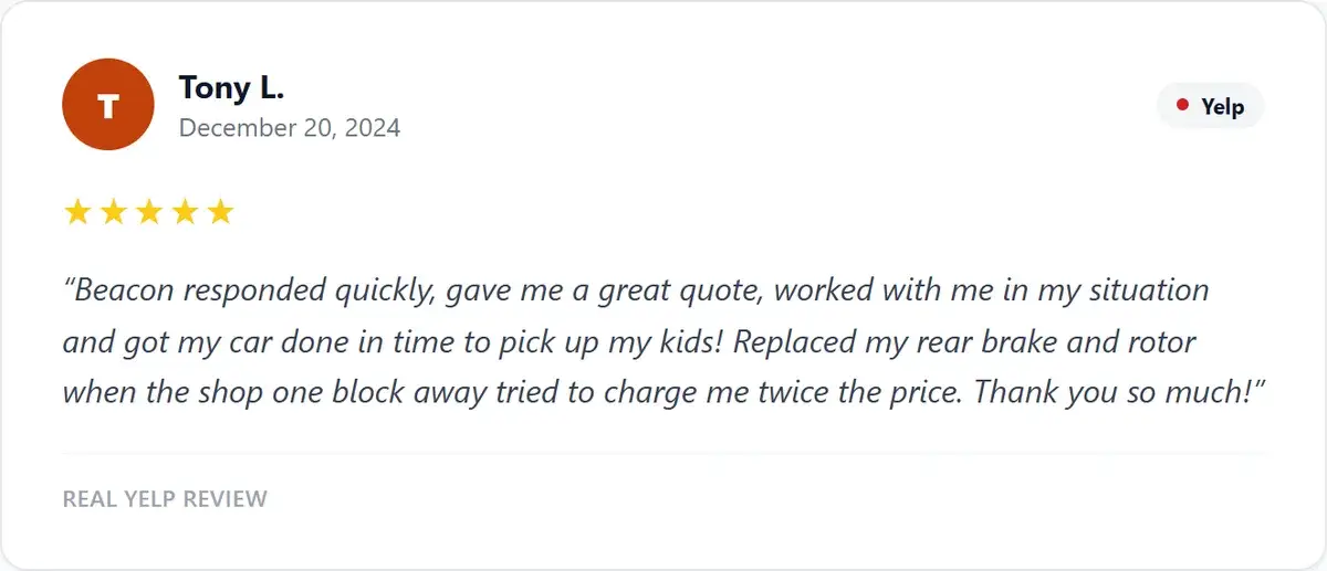 Five-star Yelp review from Tony L., December 20, 2024, praising Beacon's rear brake and rotor replacement and same-day turnaround