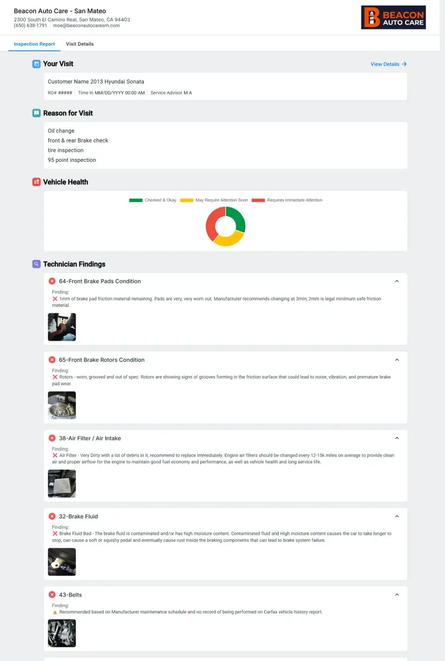 The actual Tekmetric digital inspection report format Beacon Auto Care customers receive on their phone — Vehicle Health chart and photographed technician findings, identifying details removed